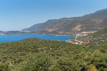 Wall Mural - Aerial view of touristic Kas district with its green nature and deep blue sea. Antalya - Turkey
