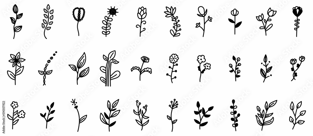 Set of doodle flowers and branches with leaves decorative elements ...