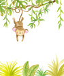 Watercolor illustration - funny monkey swinging on a liana plant. Safari animal frame template.