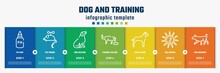 Dog And Training Concept Infographic Design Template. Included Ph Test, Toy Mouse, Dog Seating, Feeding The Dog, Great Dane, Sea Urchin, Running Icons And 7 Option Or Steps.