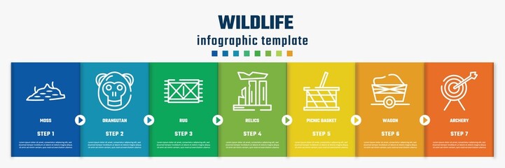 Wall Mural - wildlife concept infographic design template. included moss, orangutan, rug, relics, picnic basket, wagon, archery icons and 7 option or steps.