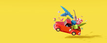 Red Car Jump With Luggage And Beach Accessories Ready For Summer Travel. Creative Summer Vacation Concept On Yellow Background 3D Render 3D Illustration