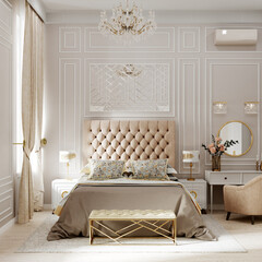 Modern bedroom interior in beige tones. 3d rendering Empire style