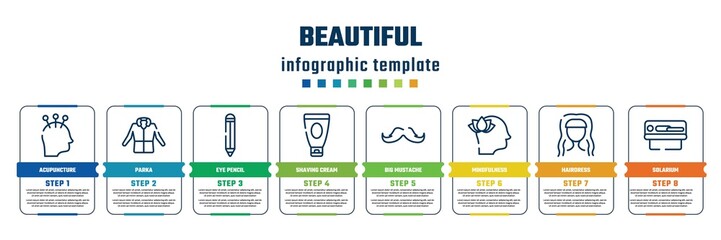 Wall Mural - beautiful concept infographic design template. included acupuncture, parka, eye pencil, shaving cream, big mustache, mindfulness, hairdress, solarium icons and 8 steps or options.