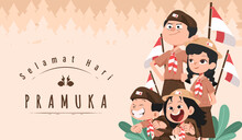 Translate: Happy Scout Day August 14 Indonesian Festival Day. Selamat Hari Pramuka. Vector Illustration. Boy And Girl Student Celebrate Pramuka Day. 