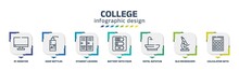 College Infographic Design Template With Pc Monitor, Soap Bottles, Student Lockers, Battery With Four Bars, Hotel Bathtub, Old Microscope, Calculator With Number One Icons. Can Be Used For Web,