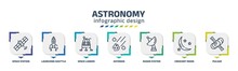 Astronomy Infographic Design Template With Space Station, Launching Shuttle, Space Lander, Asteroid, Radar System, Crescent Moon, Pulsar Icons. Can Be Used For Web, Banner, Info Graph.