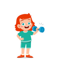 Poster - little kid do workout with lift dumbbell