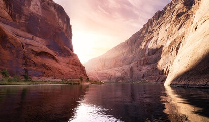 Colorado River in Glen Canyon, Arizona, United States of America. American Mountain Nature Landscape Background. Sunrise Sky Art Render.