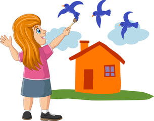 Sticker - Cute little girl painting birds, clouds and house on the wall