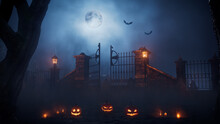 Pumpkin Lanterns At Ghostly Graveyard Gate. Halloween Background.