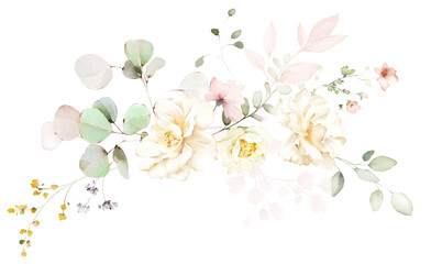 watercolor arrangements with garden flowers. bouquets with pink, yellow wildflowers, leaves, branches. Botanic illustration isolated on white background.