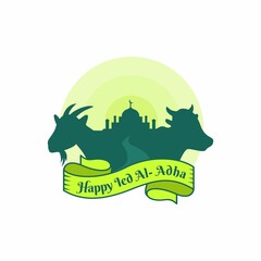 Wall Mural - Happy Eid al-adha mubarak cow goat mosque vector illustration logo