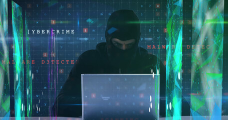 Poster - Data processing, multiple screens showing colourful webs of connections over Caucasian hacker wearin