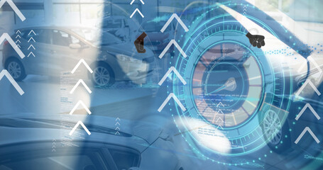 Poster - Image of arrows and speedometer over cars