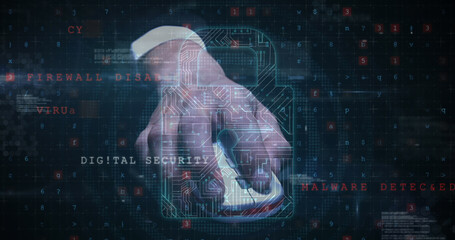 Poster - Image of cyber attack warning over hand holding mouse