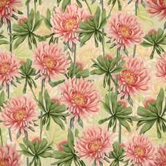  Aster flowers. Vintage seamless pattern in a watercolor style. Pastel colors.