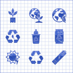 Sticker - Set Recycle bin with recycle symbol, Battery, Can and can, Solar energy panel, leaf, Earth globe and Plant bottle icon. Vector