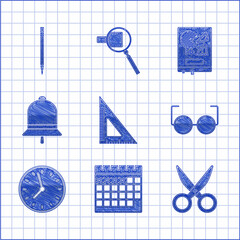 Sticker - Set Triangular ruler, Calendar, Scissors, Glasses, Clock, Ringing bell, Board with graph chart and Pencil eraser icon. Vector