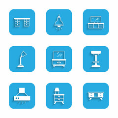 Poster - Set Dressing table, Nightstand with lamp, TV, Chair, Kitchen extractor fan, Table, and Office desk icon. Vector