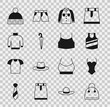 Set Handbag, Swimsuit, Undershirt, Shirt, Umbrella, Sweater, Beanie hat and Female crop top icon. Vector