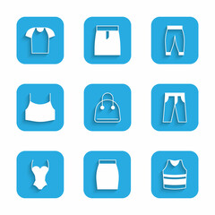 Sticker - Set Handbag, Skirt, Undershirt, Pants, Swimsuit, Female crop top, and T-shirt icon. Vector