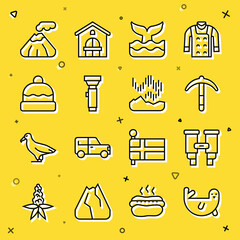 Sticker - Set line Fur seal animal, Binoculars, Pickaxe, Whale tail, Flashlight, Beanie hat, Volcano and Northern lights icon. Vector