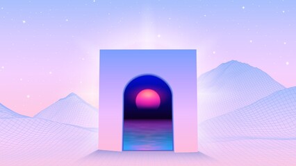 Aufkleber - abstract vaporwave scene with arch or gate to another world with synthwave sunset. 80s gaming mounta