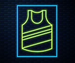 Poster - Glowing neon line Undershirt icon isolated on brick wall background. Vector