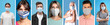 © New Africa - Collage with photos of people wearing protective face masks on light blue background. Banner design