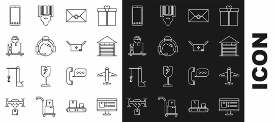 Sticker - Set line Computer monitor with app delivery tracking, Plane, Closed warehouse, Envelope, Support operator touch, Scale cardboard box, Mobile phone and Cardboard traffic symbol icon. Vector