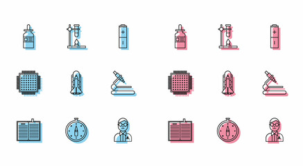 Sticker - Set line Open science book, Compass, Glass bottle with pipette, Scientist, Space shuttle and rockets, Microscope, Processor and test tube flask on fire heater icon. Vector