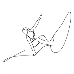 One continuous line drawing young happy tourist surfer exercising surfing on wavy ocean. Healthy extreme watersport concept. Summer holiday. Dynamic single line draw design vector graphic illustration