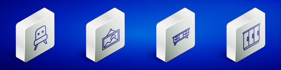 Sticker - Set Isometric line Armchair, Picture, TV table stand and Wardrobe icon. Vector