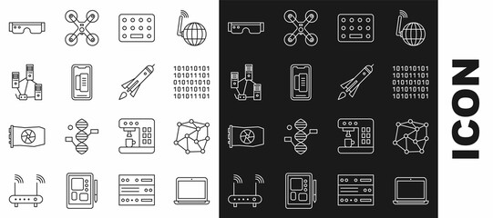 Canvas Print - Set line Laptop, Neural network, Binary code, Pills blister pack, Smartphone, mobile phone, Computer, glasses and Rocket ship with fire icon. Vector