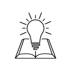 Wall Mural - open book with lightbulb, concept new knowledge, understanding wisdom in study, creative idea, thin line symbol on white background