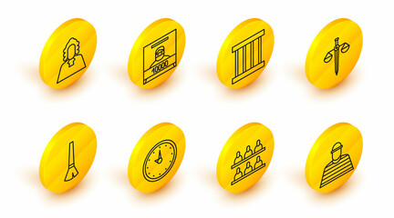 Sticker - Set line Prisoner, Jurors, Clock, Paint brush, Scales of justice, window, Wanted poster and Judge icon. Vector