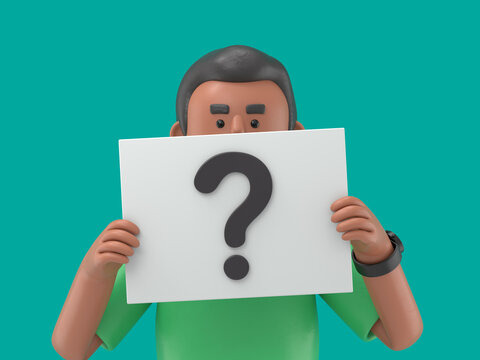 3D illustration of smiling african american man David holding and showing banner card of question mark sign symbol. 3D rendering on green background.
