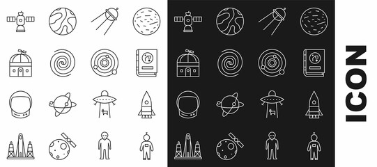 Wall Mural - Set line Astronaut, Rocket ship, Book by astronomy, Satellite, Black hole, Astronomical observatory, and Solar system icon. Vector