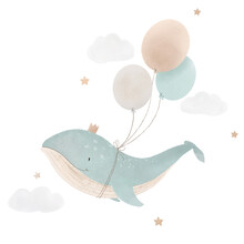 Beautiful Baby Clip Art Composition With Cute Watercolor Flying Whale And Air Balloons. Children Stock Illustration.