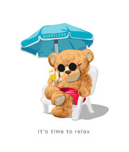 Time To Relax Slogan With Bear Doll Sitting On Beach Chair Vector Illustration