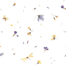 Minimalistic Floral Pattern With Small Flowers, Petals, Flying Butterfly And Dragonfly, Wildlife Watercolor Print, Seamless Pattern Purple And Yellow Colors, Delicate Illustration On White Background.