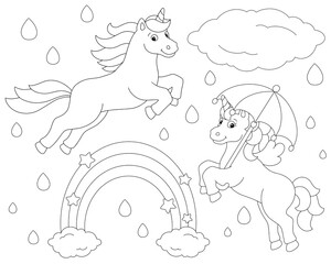 Rainbow, rain and cute unicorns. Coloring book page for kids. Cartoon style character. Vector illustration isolated on white background.