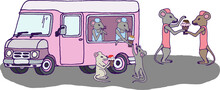 A Set Of Illustrations Of Mice Next To The Truck. Pink Van, Ice Cream, Grey, Eps Ready To Use. For Your Design