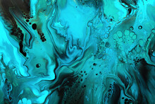 Fluid Art. Green And Blue Abstract Wave Swirls On Black Background. Marble Effect Background Or