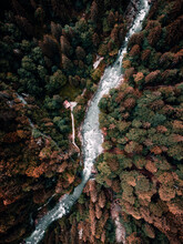 Aerial View Of River With Cabin In A Forest In Autumn