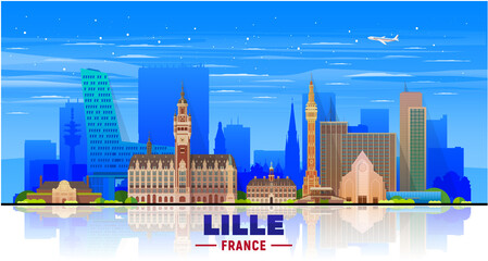 Wall Mural - Lille ( France ) city skyline at sky background. Flat vector illustration with most famous buildings. Business travel and tourism concept with modern buildings. Image for banner or web site.