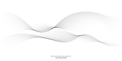 Poster - Flowing dots particles wave pattern halftone gradient curve shape isolated on white background. Vector in concept of technology, science, music, modern.