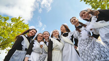 Happy Russian Girls Graduating On Graduation Day.