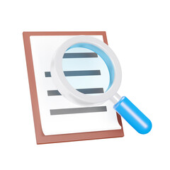 Poster - text pad and a magnifier 3d icon. Checking the list. Searching for text. Isolated object on a transparent background